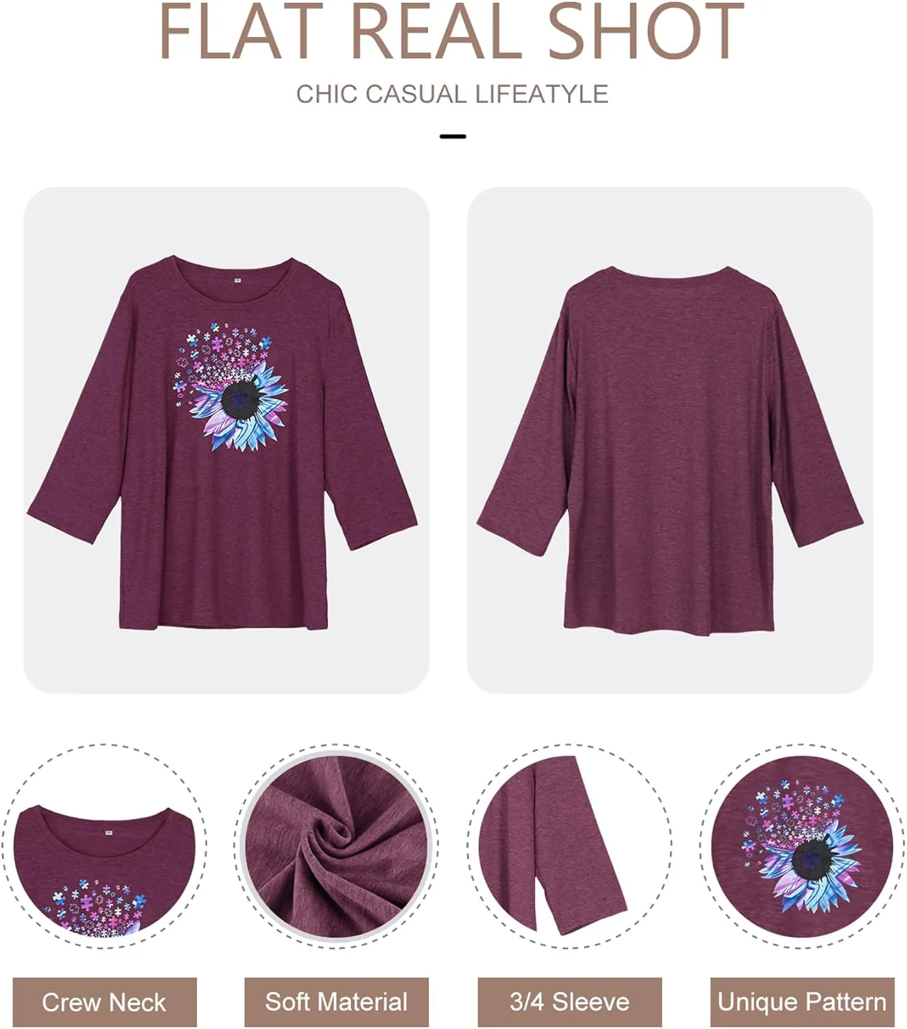 Chulianyouhuo Plus Size Tops for Women Cute Graphic Tees 3/4 Sleeve Flower Print Loose Fit Summer Casual T Shirts