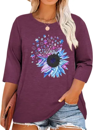 Chulianyouhuo Plus Size Tops for Women Cute Graphic Tees 3/4 Sleeve Flower Print Loose Fit Summer Casual T Shirts