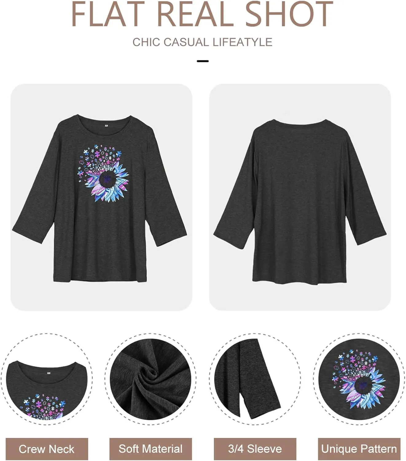 Chulianyouhuo Plus Size Tops for Women Cute Graphic Tees 3/4 Sleeve Flower Print Loose Fit Summer Casual T Shirts