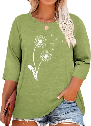 Chulianyouhuo Plus Size Tops for Women Cute Graphic Tees 3/4 Sleeve Flower Print Loose Fit Summer Casual T Shirts