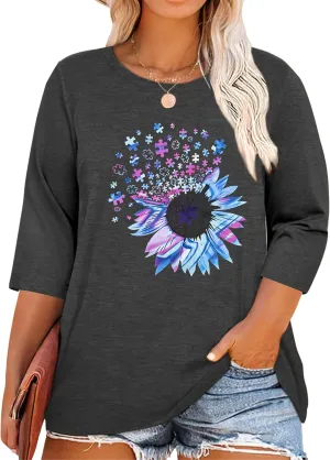 Chulianyouhuo Plus Size Tops for Women Cute Graphic Tees 3/4 Sleeve Flower Print Loose Fit Summer Casual T Shirts