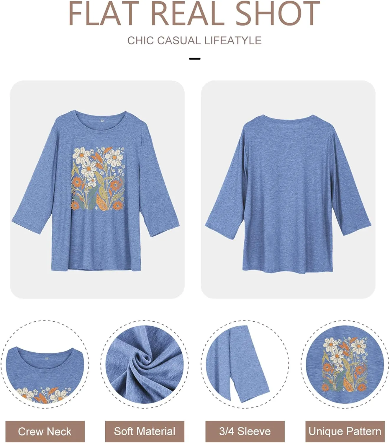 Chulianyouhuo Plus Size Tops for Women Cute Graphic Tees 3/4 Sleeve Flower Print Loose Fit Summer Casual T Shirts