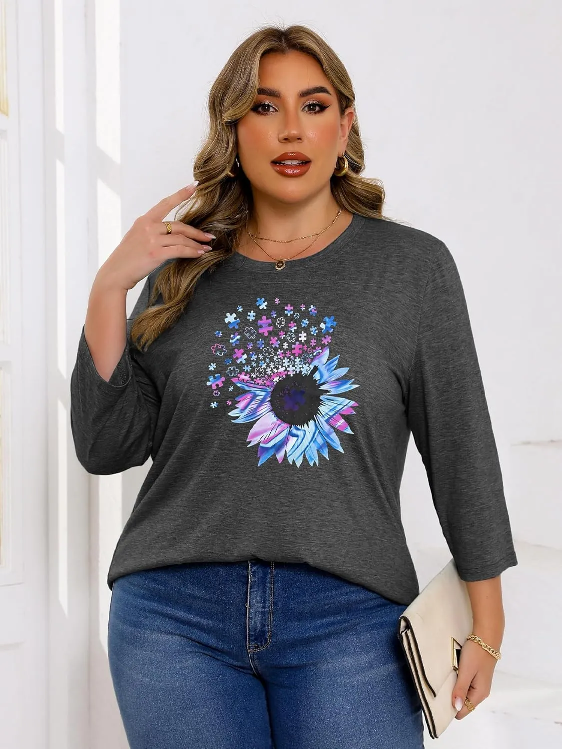 Chulianyouhuo Plus Size Tops for Women Cute Graphic Tees 3/4 Sleeve Flower Print Loose Fit Summer Casual T Shirts