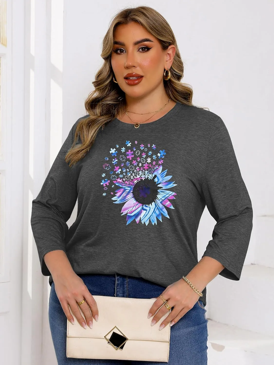 Chulianyouhuo Plus Size Tops for Women Cute Graphic Tees 3/4 Sleeve Flower Print Loose Fit Summer Casual T Shirts