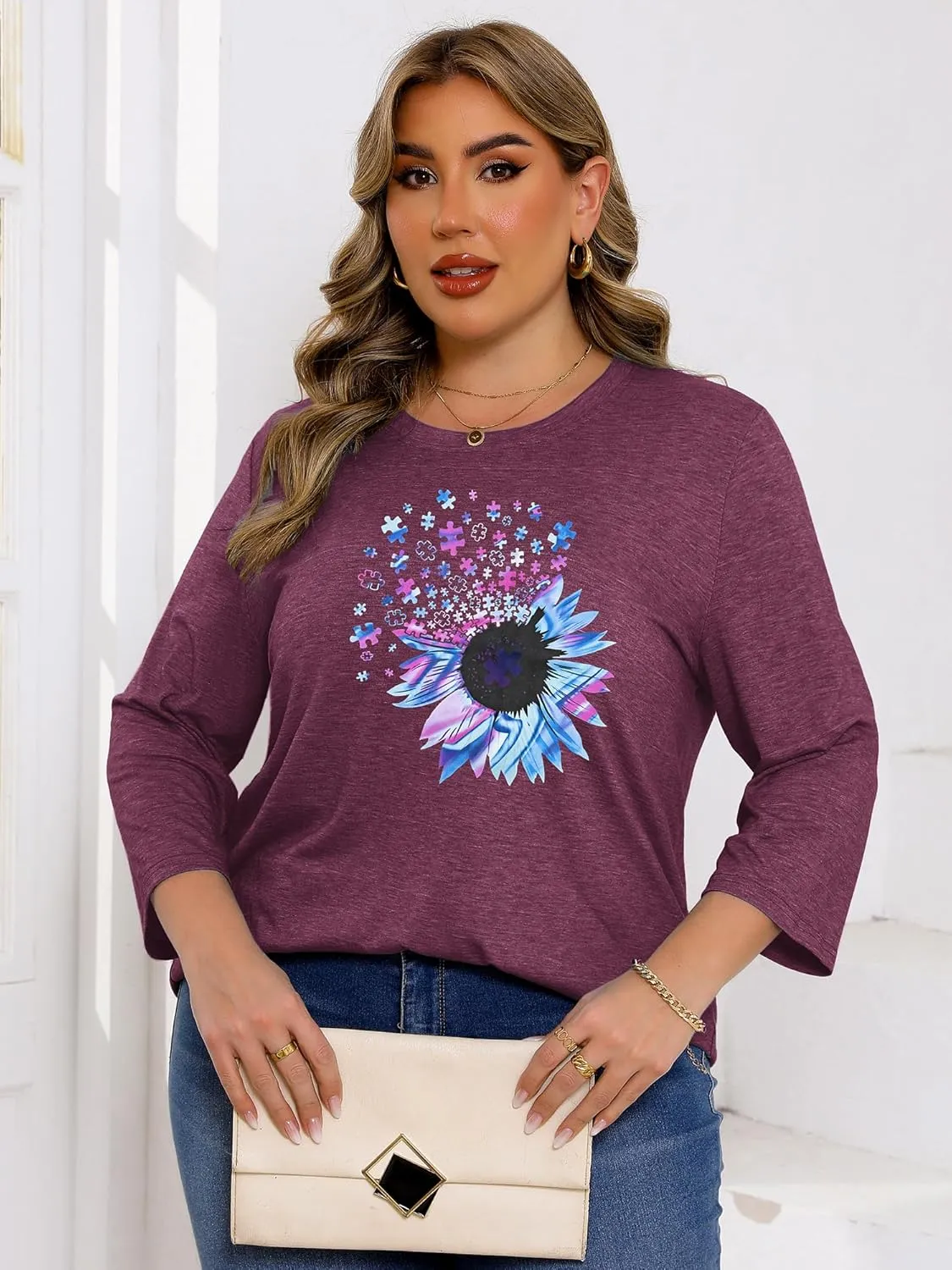 Chulianyouhuo Plus Size Tops for Women Cute Graphic Tees 3/4 Sleeve Flower Print Loose Fit Summer Casual T Shirts