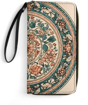 Circular Pattern Leather Wallet Smooth Zip Around Clutch Wristlet Travel Long Soft Purse for Women