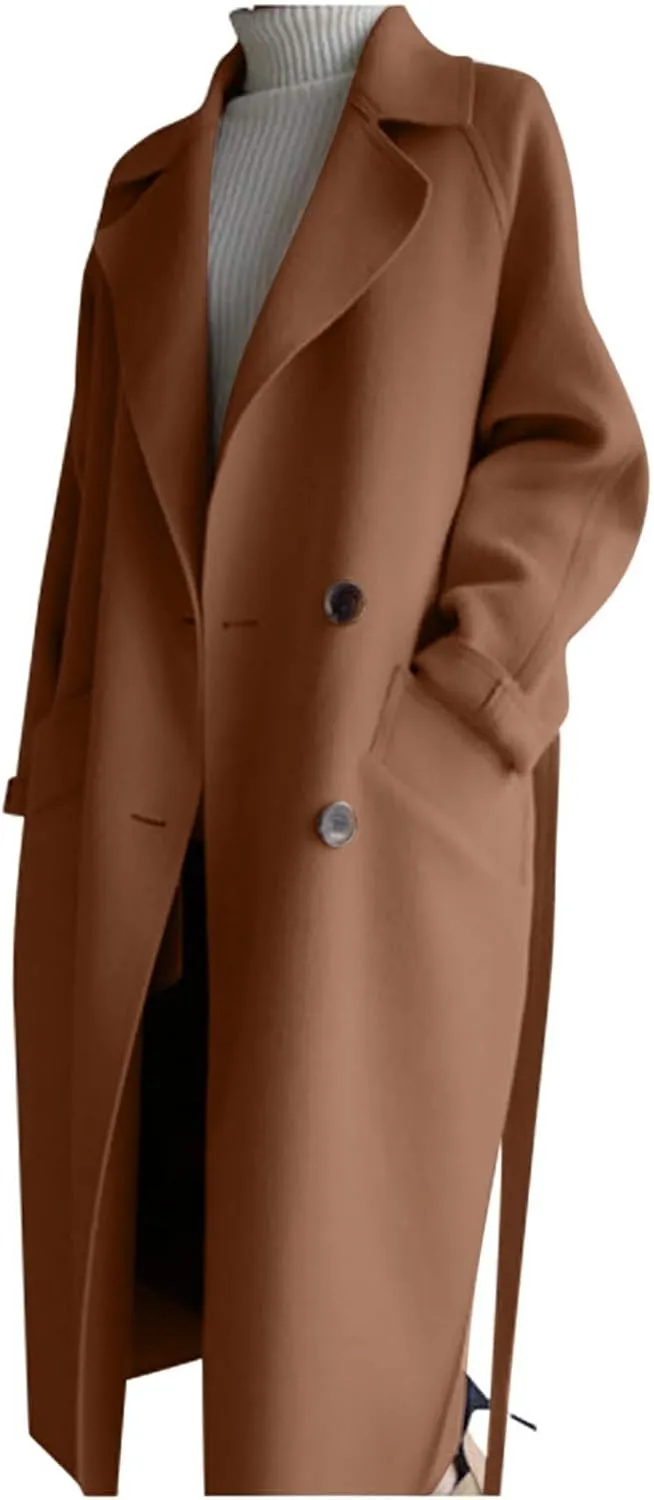 Coat for Women, Long Winter Trench Coats Elegant Solid Jackets Windproof Overcoats Casual Warm Outerwear with Belt