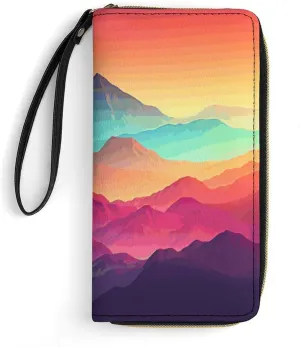 Color Mountain Gradient Leather Wallet Smooth Zip Around Clutch Wristlet Travel Long Soft Purse for Women