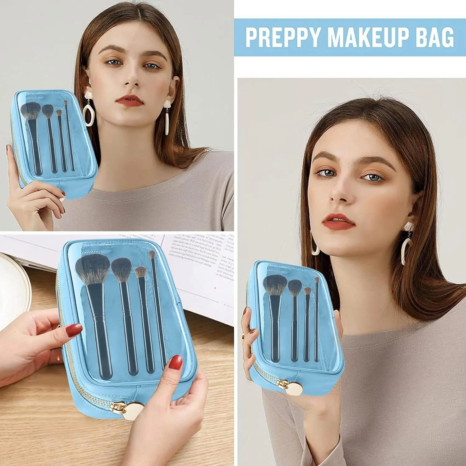 Cosmetic Bag, Transparent Makeup Pouch Durable Smooth Zippers Toiletry Bag for Home Travel Light Blue