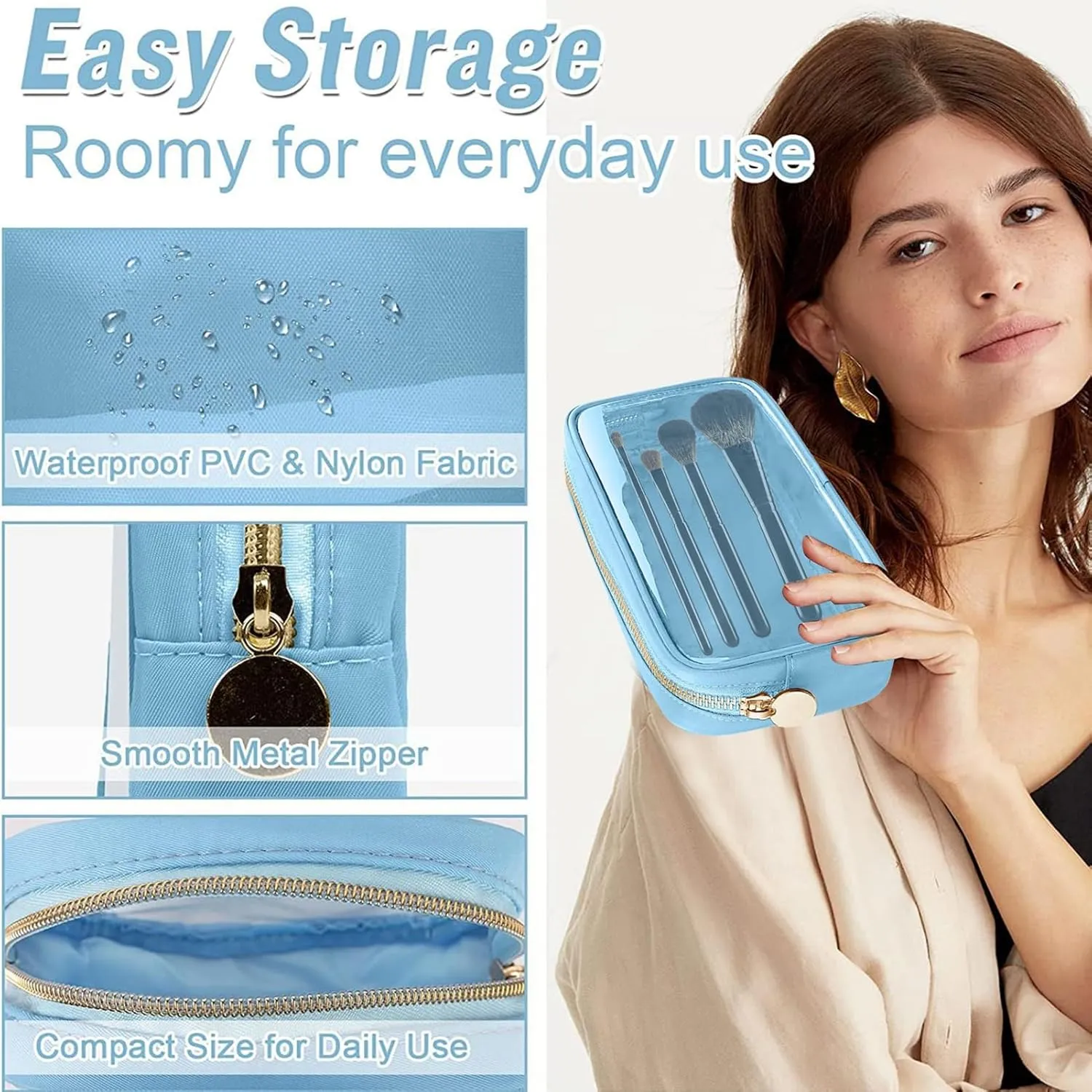 Cosmetic Bag, Transparent Makeup Pouch Durable Smooth Zippers Toiletry Bag for Home Travel Light Blue