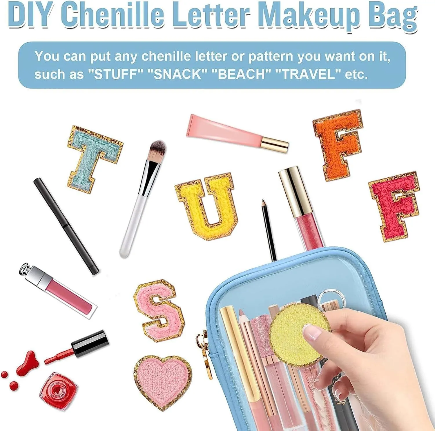 Cosmetic Bag, Transparent Makeup Pouch Durable Smooth Zippers Toiletry Bag for Home Travel Light Blue