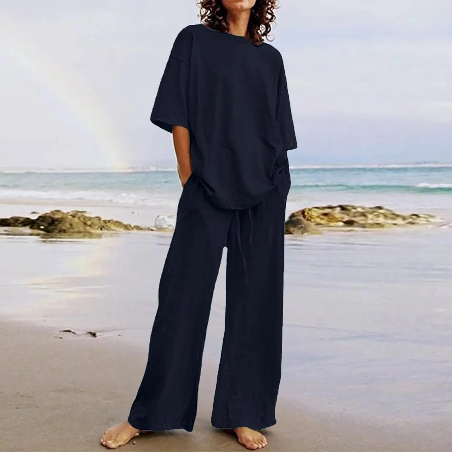 Cotton Linen 2 Piece Set for Women Summer Fall Outfits Plus Size Short Sleeve Shirts and Long Pants, Large