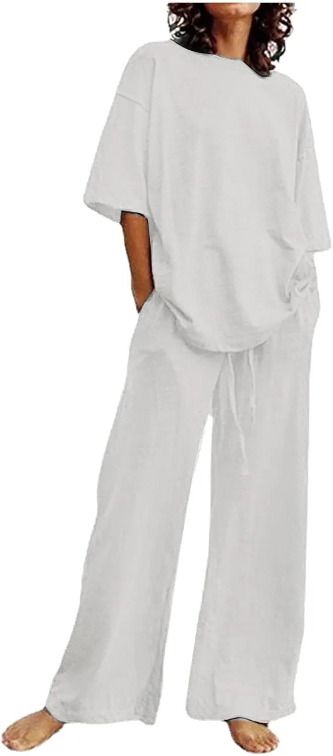 Cotton Linen 2 Piece Set for Women Summer Fall Outfits Plus Size Short Sleeve Shirts and Long Pants, Large