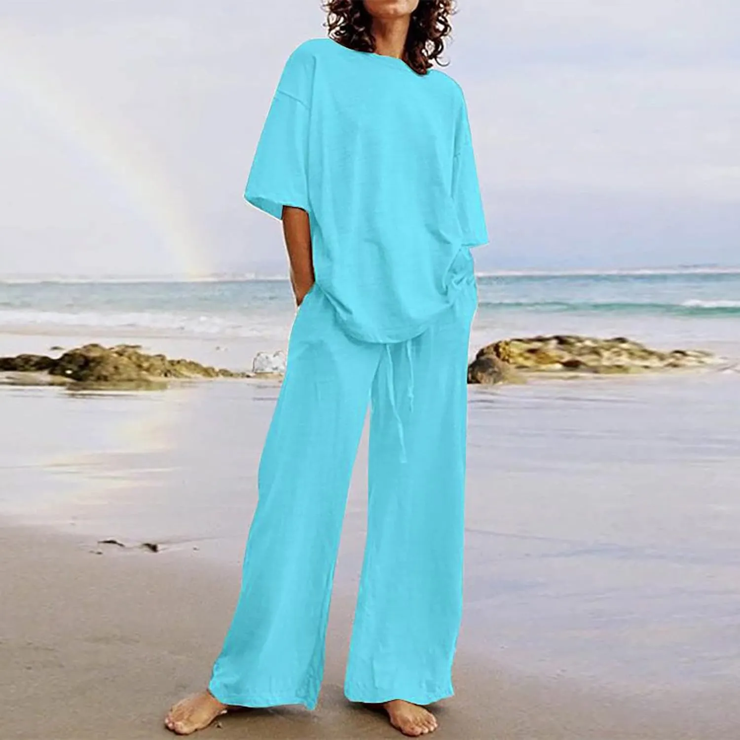 Cotton Linen 2 Piece Set for Women Summer Fall Outfits Plus Size Short Sleeve Shirts and Long Pants, Large
