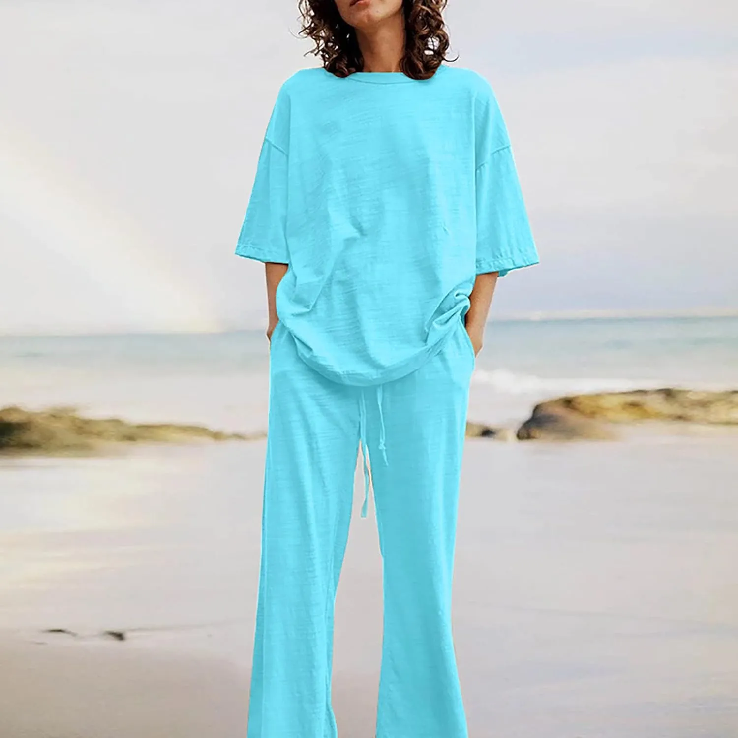 Cotton Linen 2 Piece Set for Women Summer Fall Outfits Plus Size Short Sleeve Shirts and Long Pants, Large