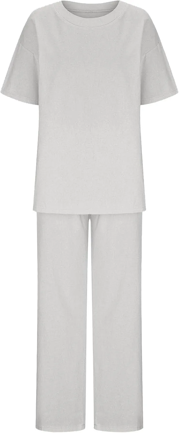 Cotton Linen 2 Piece Set for Women Summer Fall Outfits Plus Size Short Sleeve Shirts and Long Pants, Large