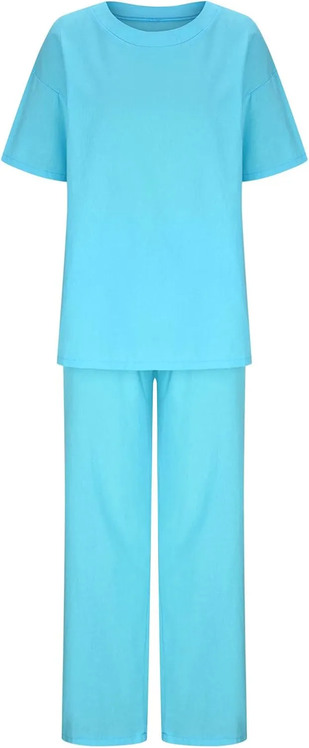 Cotton Linen 2 Piece Set for Women Summer Fall Outfits Plus Size Short Sleeve Shirts and Long Pants, Large
