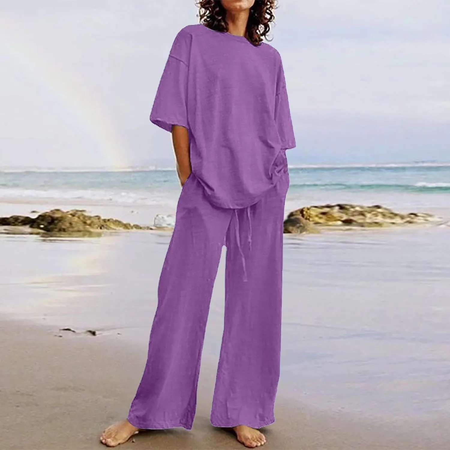 Cotton Linen 2 Piece Set for Women Summer Fall Outfits Plus Size Short Sleeve Shirts and Long Pants, Large