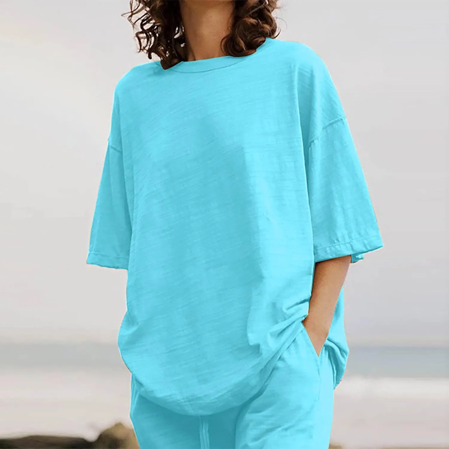 Cotton Linen 2 Piece Set for Women Summer Fall Outfits Plus Size Short Sleeve Shirts and Long Pants, Large