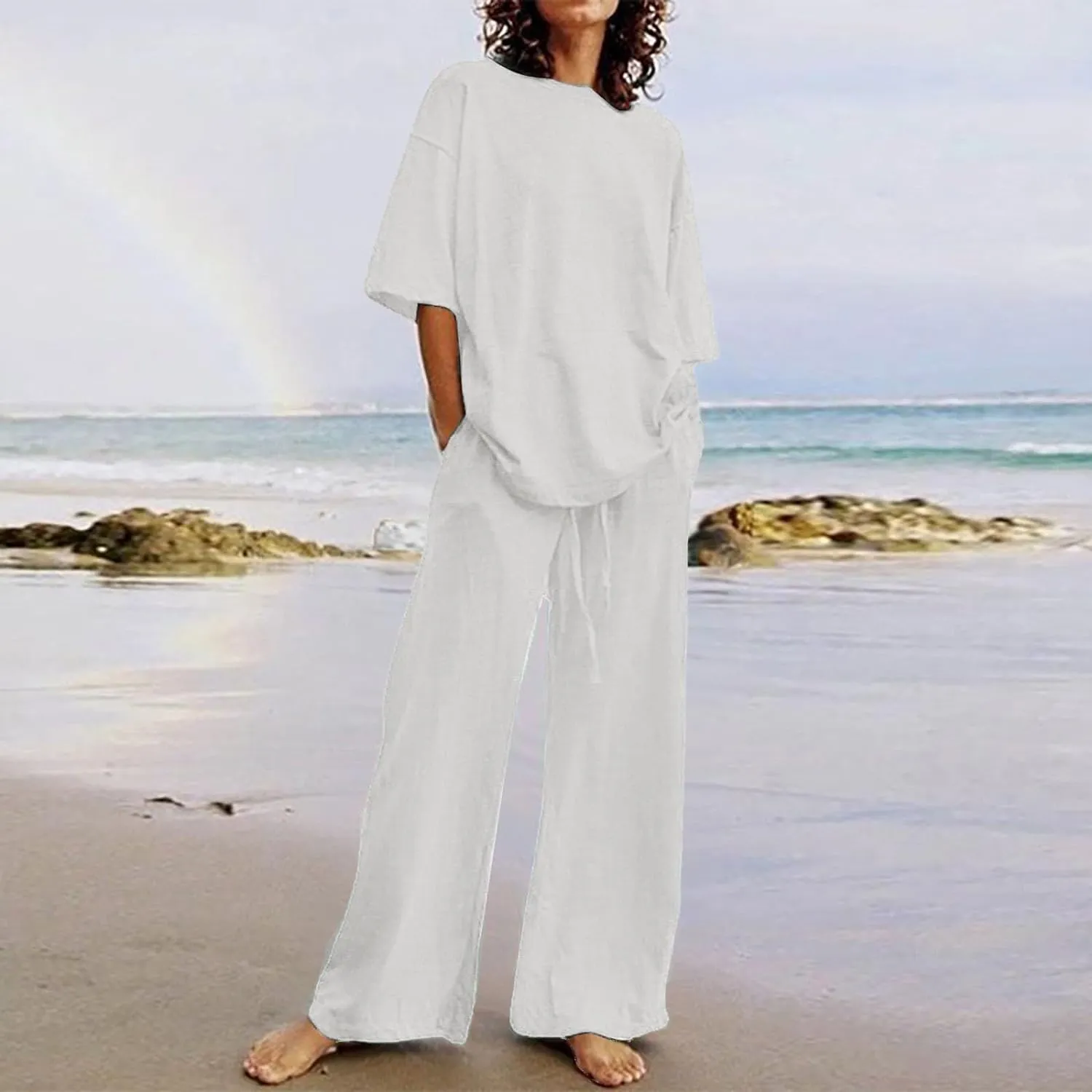 Cotton Linen 2 Piece Set for Women Summer Fall Outfits Plus Size Short Sleeve Shirts and Long Pants, Large