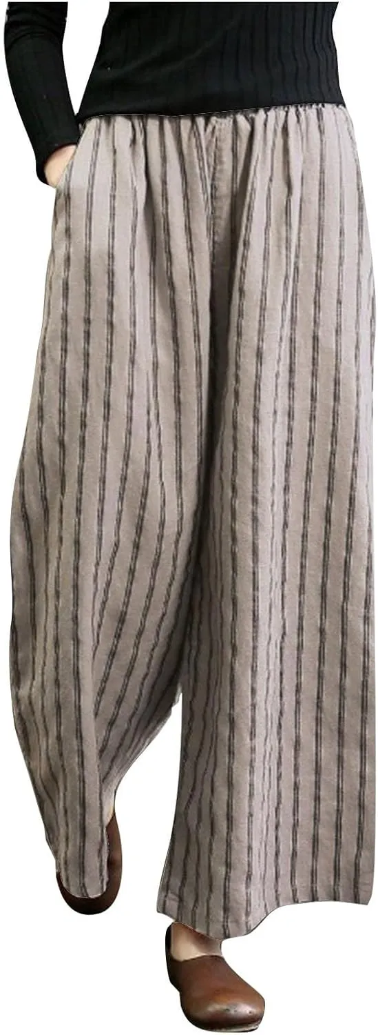 Cotton Linen Pants for Women Summer Comfort Wide Leg Boho Trousers High Waist Striped Lounge Pants with Pockets