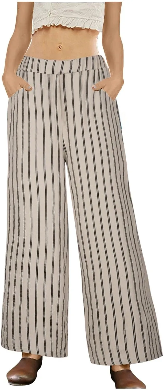 Cotton Linen Pants for Women Summer Comfort Wide Leg Boho Trousers High Waist Striped Lounge Pants with Pockets
