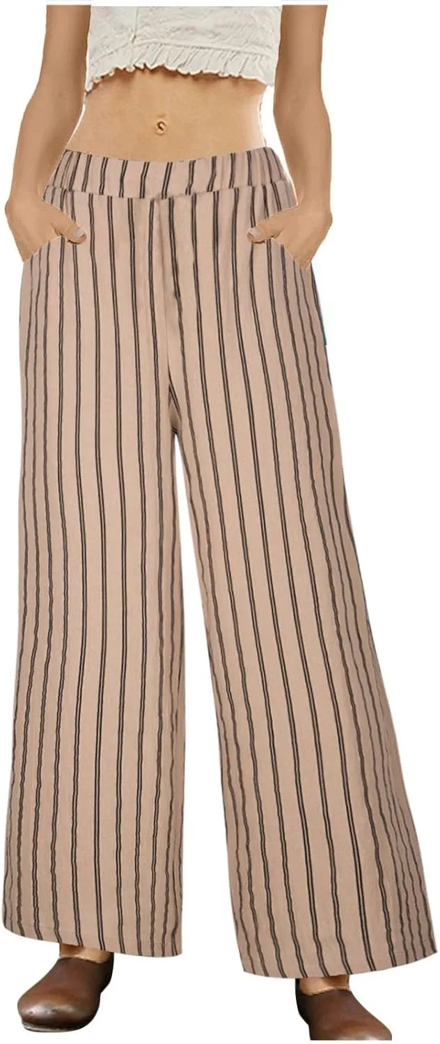 Cotton Linen Pants for Women Summer Comfort Wide Leg Boho Trousers High Waist Striped Lounge Pants with Pockets