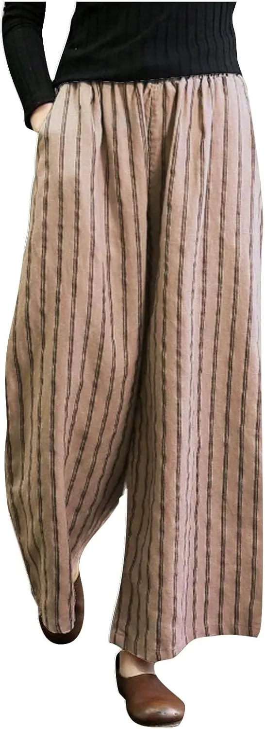 Cotton Linen Pants for Women Summer Comfort Wide Leg Boho Trousers High Waist Striped Lounge Pants with Pockets