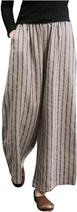 Cotton Linen Pants for Women Summer Comfort Wide Leg Boho Trousers High Waist Striped Lounge Pants with Pockets
