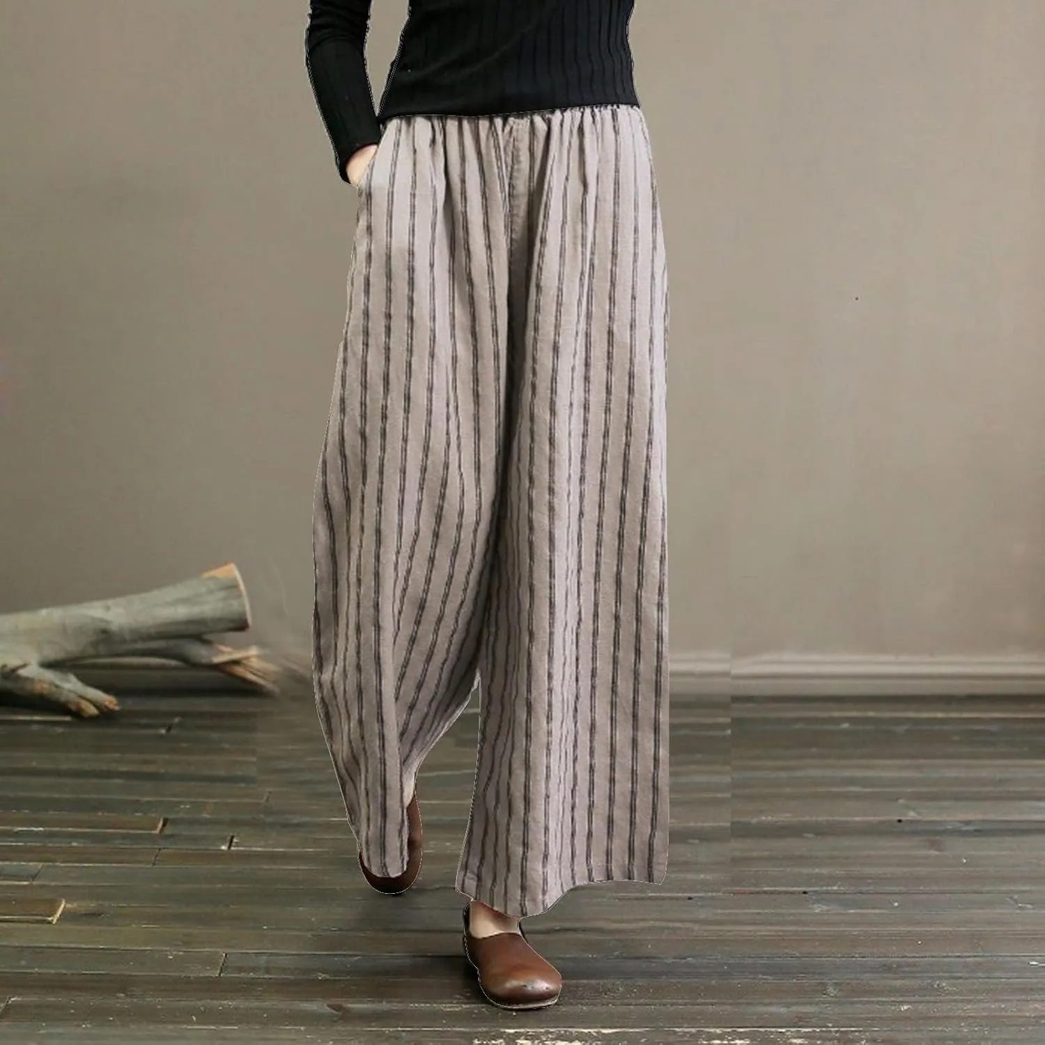 Cotton Linen Pants for Women Summer Comfort Wide Leg Boho Trousers High Waist Striped Lounge Pants with Pockets
