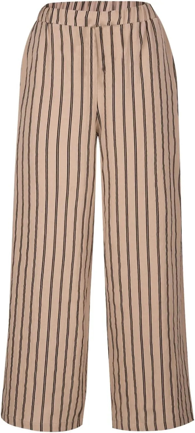 Cotton Linen Pants for Women Summer Comfort Wide Leg Boho Trousers High Waist Striped Lounge Pants with Pockets