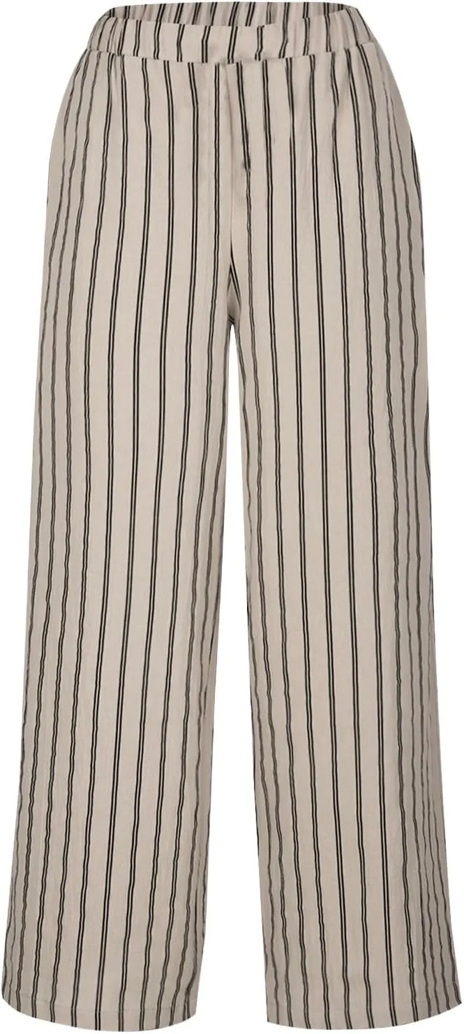 Cotton Linen Pants for Women Summer Comfort Wide Leg Boho Trousers High Waist Striped Lounge Pants with Pockets