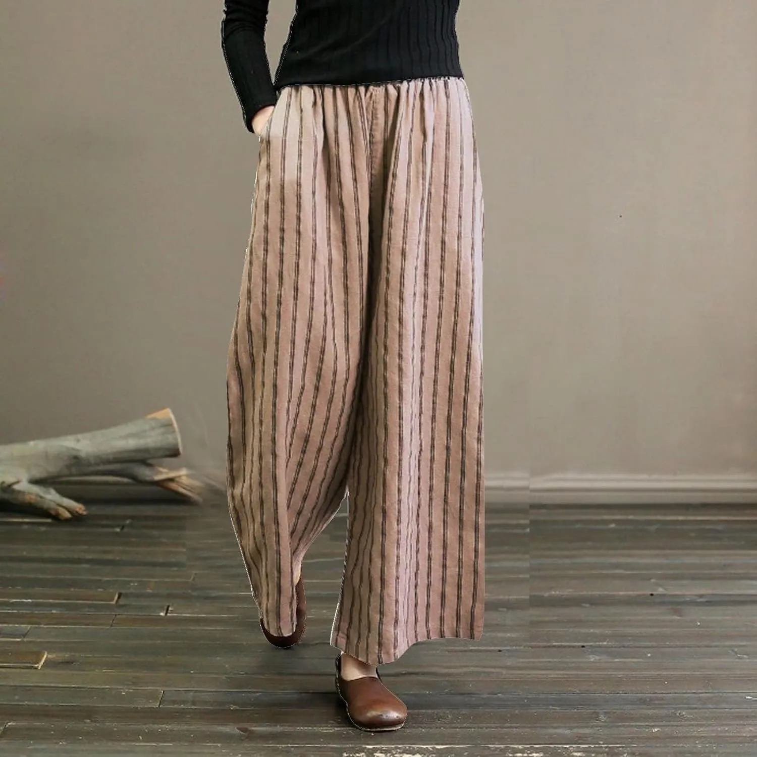 Cotton Linen Pants for Women Summer Comfort Wide Leg Boho Trousers High Waist Striped Lounge Pants with Pockets