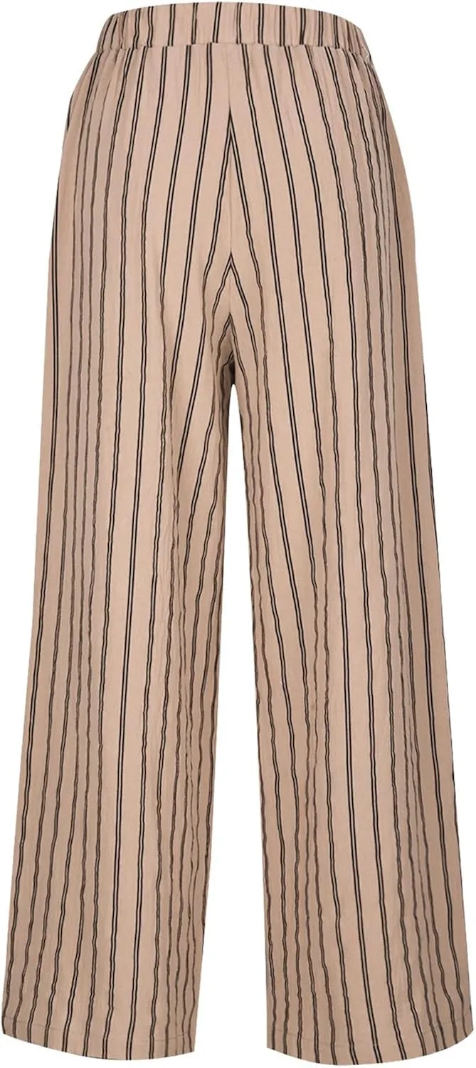 Cotton Linen Pants for Women Summer Comfort Wide Leg Boho Trousers High Waist Striped Lounge Pants with Pockets