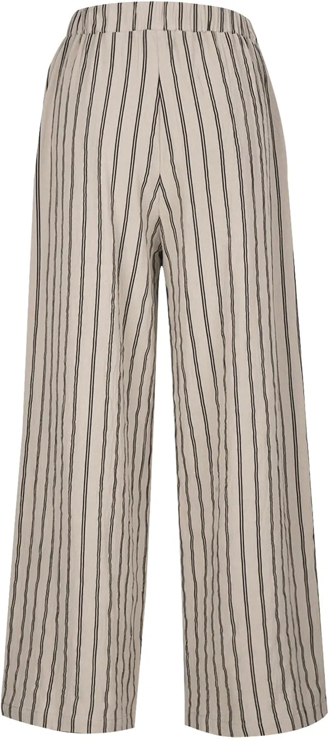 Cotton Linen Pants for Women Summer Comfort Wide Leg Boho Trousers High Waist Striped Lounge Pants with Pockets