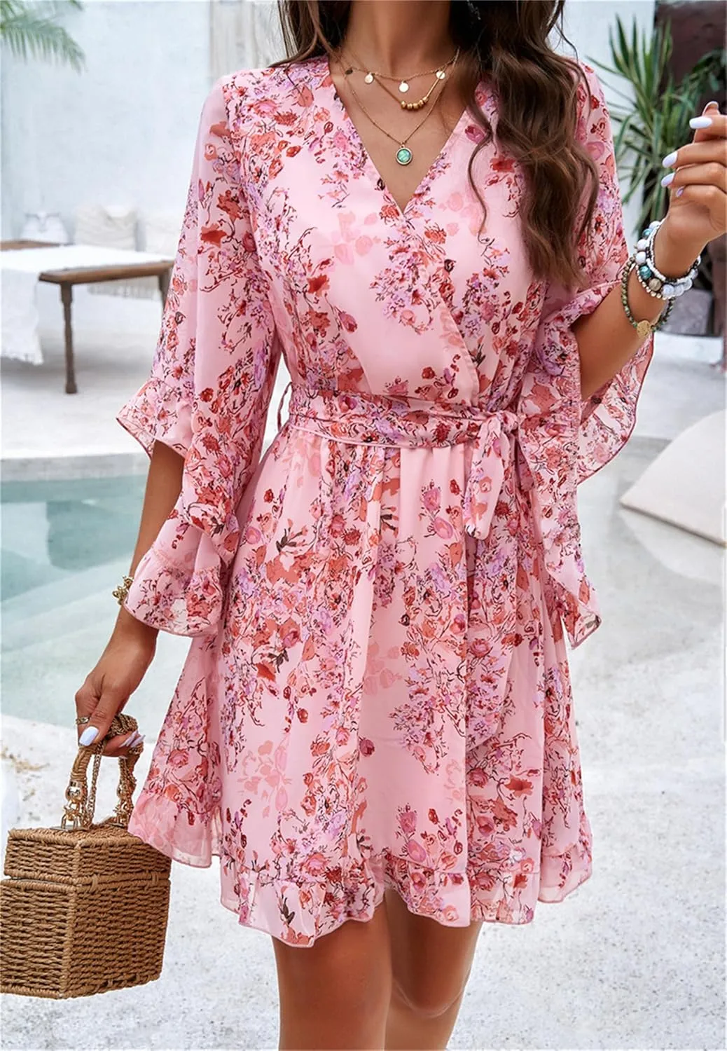 crazynekos Women's Summer Dresses Casual Short Sleeve V Neck Ruffle Floral Print High Waist Flowy Mini Dress with Belt