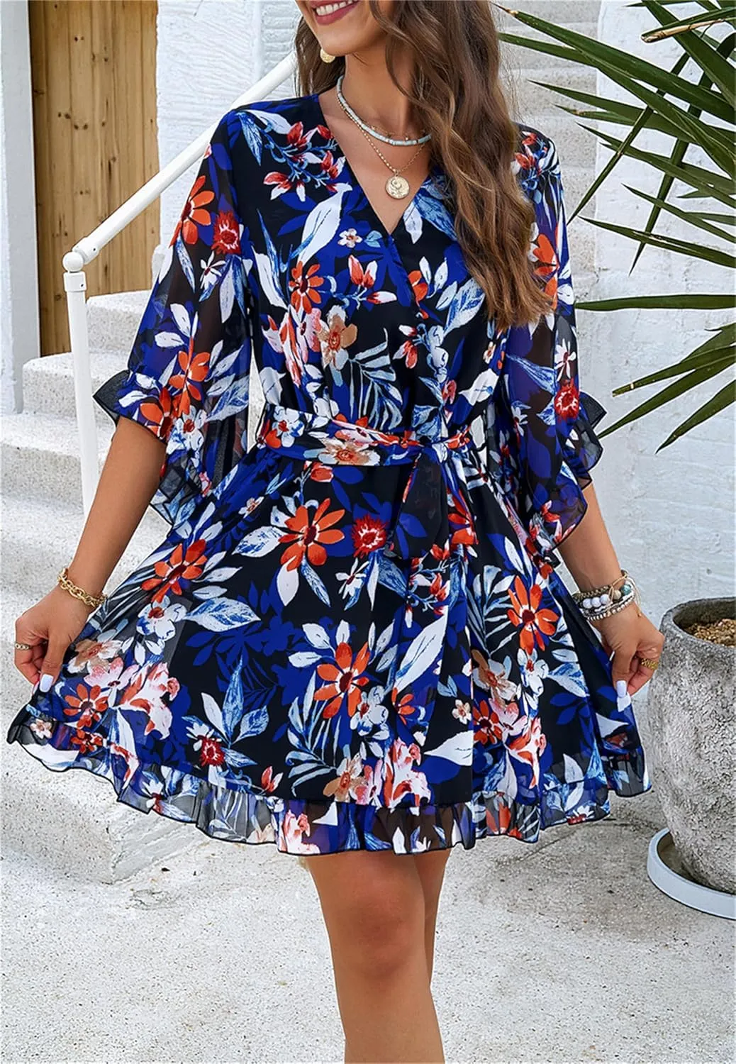 crazynekos Women's Summer Dresses Casual Short Sleeve V Neck Ruffle Floral Print High Waist Flowy Mini Dress with Belt