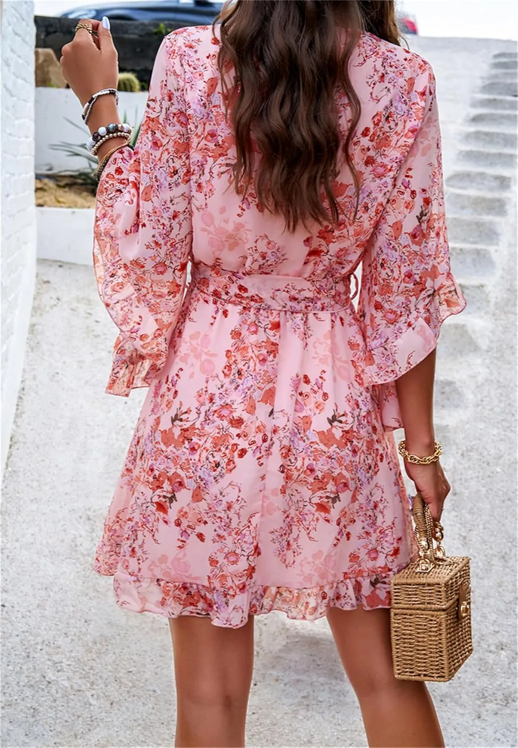 crazynekos Women's Summer Dresses Casual Short Sleeve V Neck Ruffle Floral Print High Waist Flowy Mini Dress with Belt