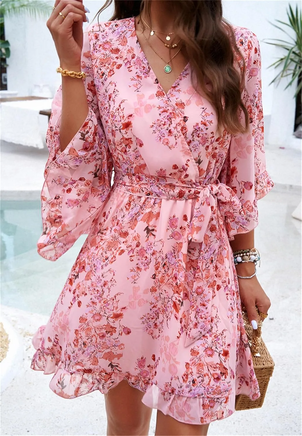 crazynekos Women's Summer Dresses Casual Short Sleeve V Neck Ruffle Floral Print High Waist Flowy Mini Dress with Belt