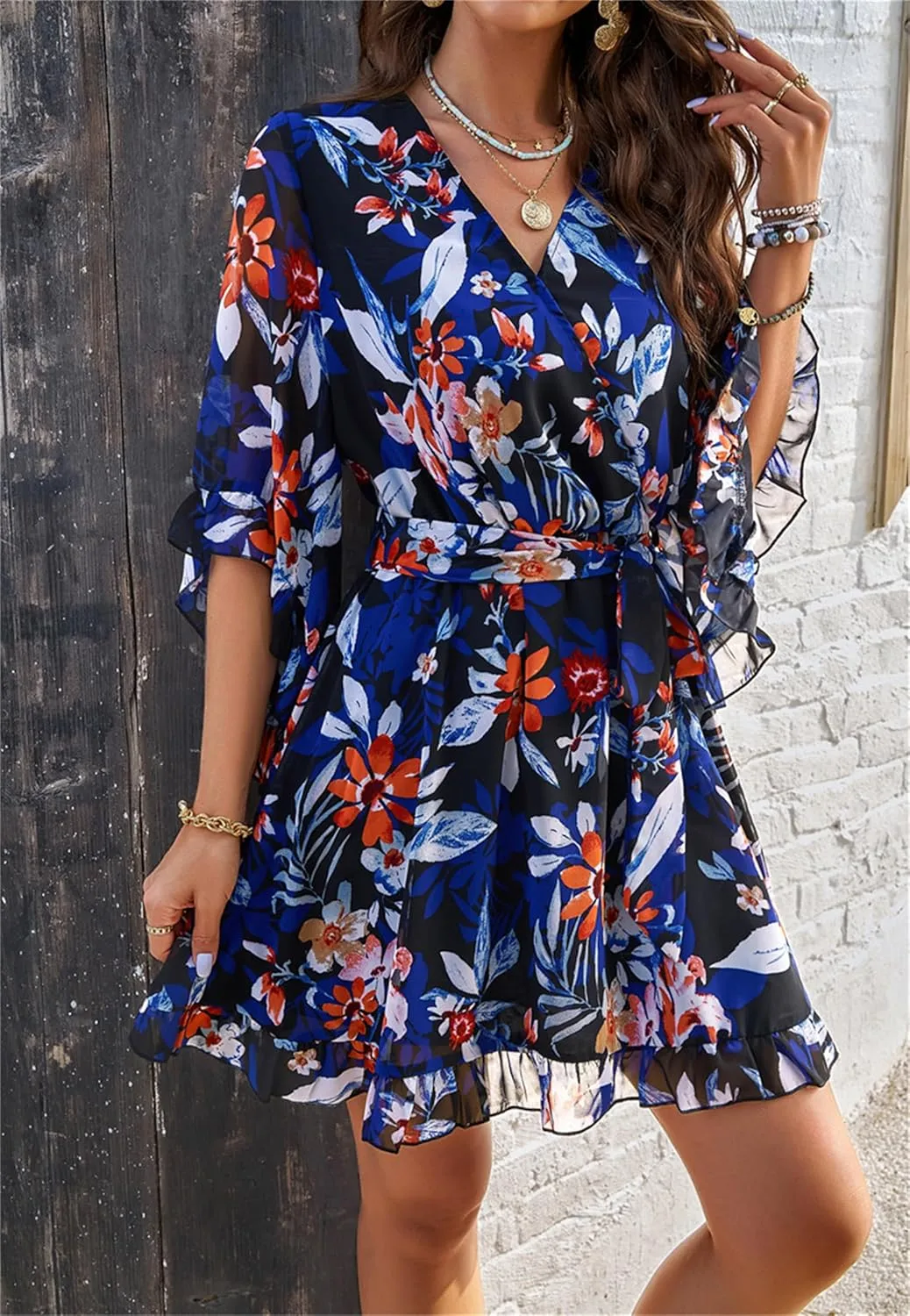 crazynekos Women's Summer Dresses Casual Short Sleeve V Neck Ruffle Floral Print High Waist Flowy Mini Dress with Belt