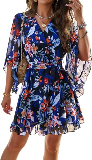 crazynekos Women's Summer Dresses Casual Short Sleeve V Neck Ruffle Floral Print High Waist Flowy Mini Dress with Belt