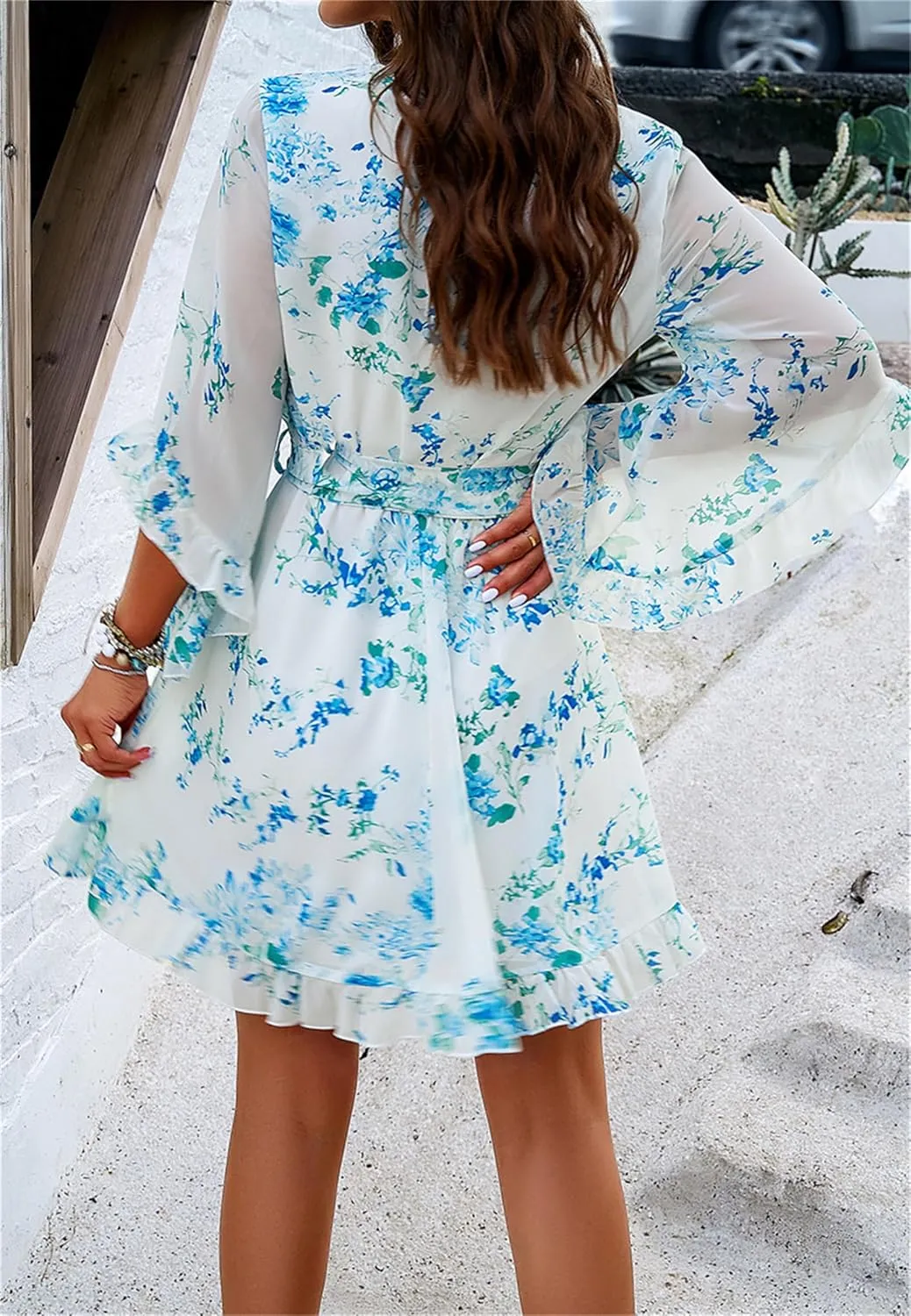 crazynekos Women's Summer Dresses Casual Short Sleeve V Neck Ruffle Floral Print High Waist Flowy Mini Dress with Belt