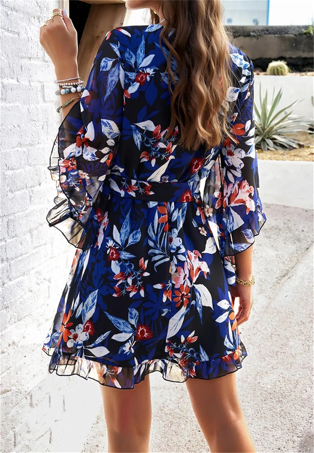 crazynekos Women's Summer Dresses Casual Short Sleeve V Neck Ruffle Floral Print High Waist Flowy Mini Dress with Belt