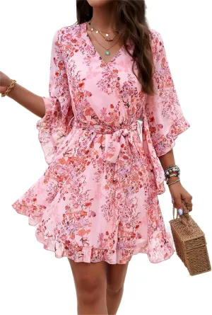 crazynekos Women's Summer Dresses Casual Short Sleeve V Neck Ruffle Floral Print High Waist Flowy Mini Dress with Belt