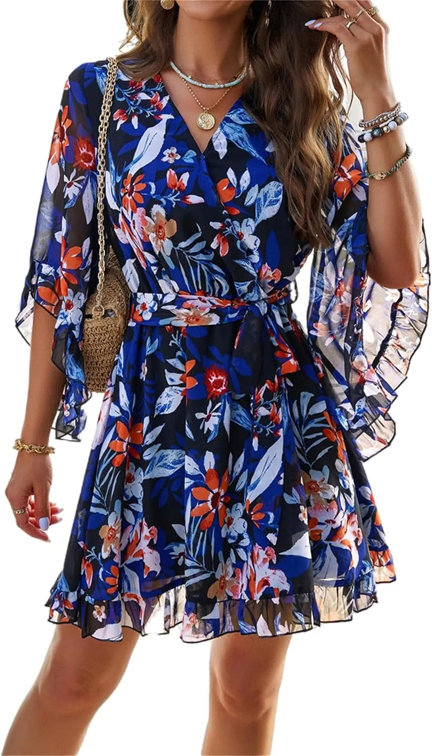 crazynekos Women's Summer Dresses Casual Short Sleeve V Neck Ruffle Floral Print High Waist Flowy Mini Dress with Belt