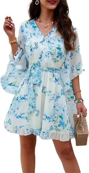 crazynekos Women's Summer Dresses Casual Short Sleeve V Neck Ruffle Floral Print High Waist Flowy Mini Dress with Belt
