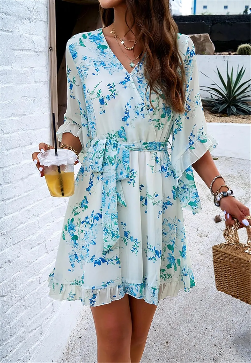 crazynekos Women's Summer Dresses Casual Short Sleeve V Neck Ruffle Floral Print High Waist Flowy Mini Dress with Belt