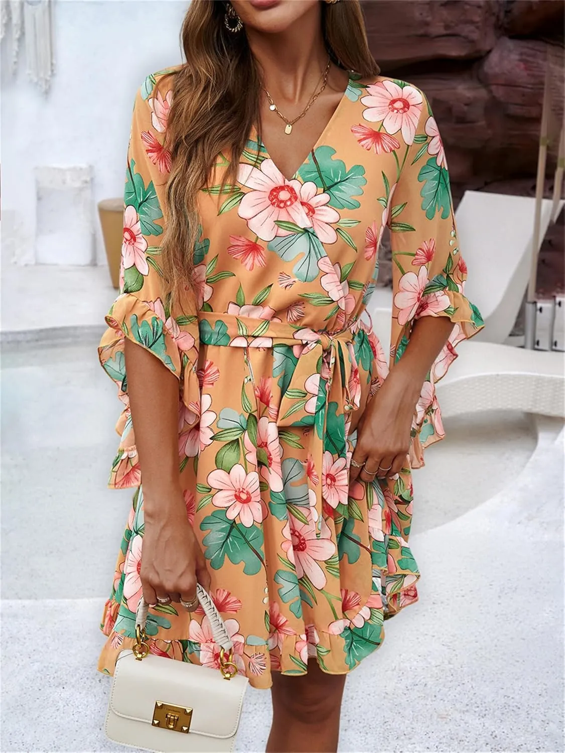 crazynekos Women's Summer Dresses Casual Short Sleeve V Neck Ruffle Floral Print High Waist Flowy Mini Dress with Belt
