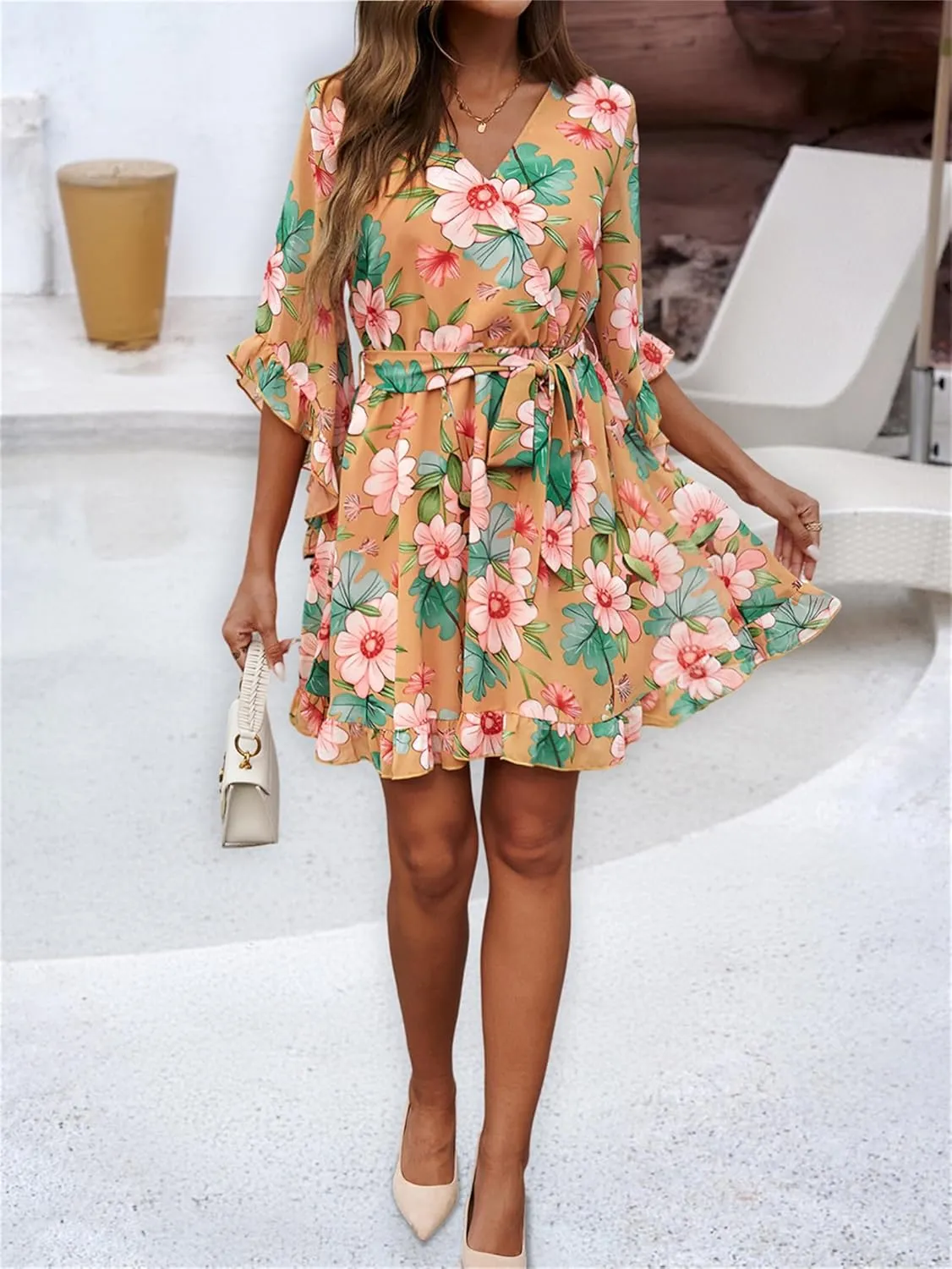 crazynekos Women's Summer Dresses Casual Short Sleeve V Neck Ruffle Floral Print High Waist Flowy Mini Dress with Belt