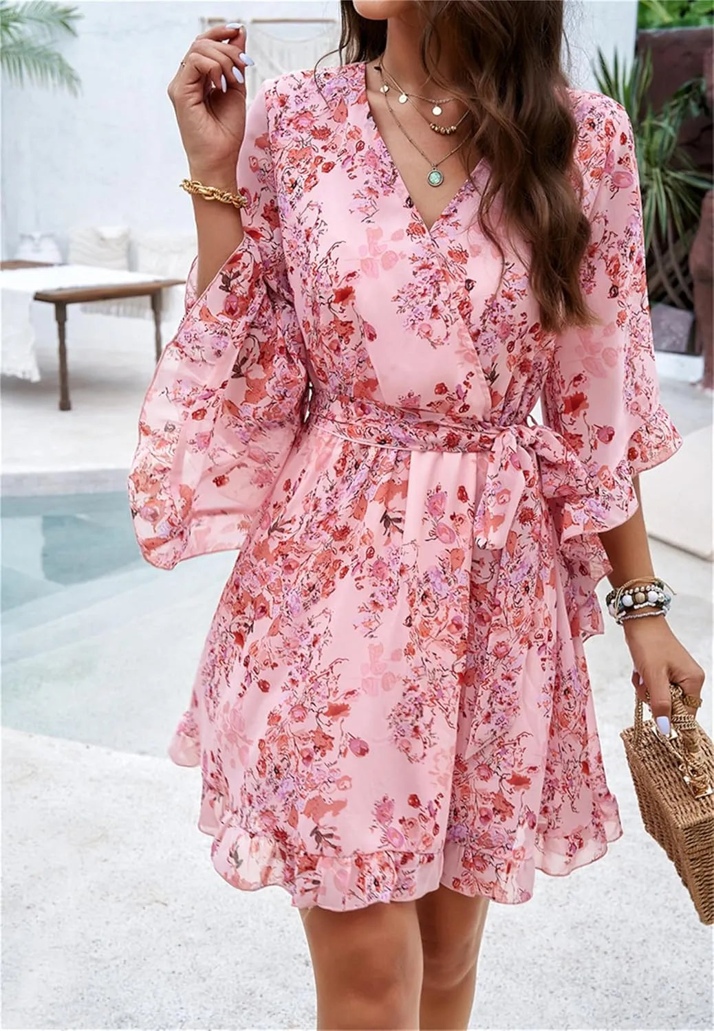 crazynekos Women's Summer Dresses Casual Short Sleeve V Neck Ruffle Floral Print High Waist Flowy Mini Dress with Belt